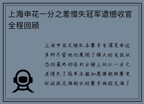 上海申花一分之差惜失冠军遗憾收官全程回顾
