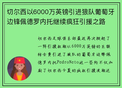 切尔西以6000万英镑引进狼队葡萄牙边锋佩德罗内托继续疯狂引援之路